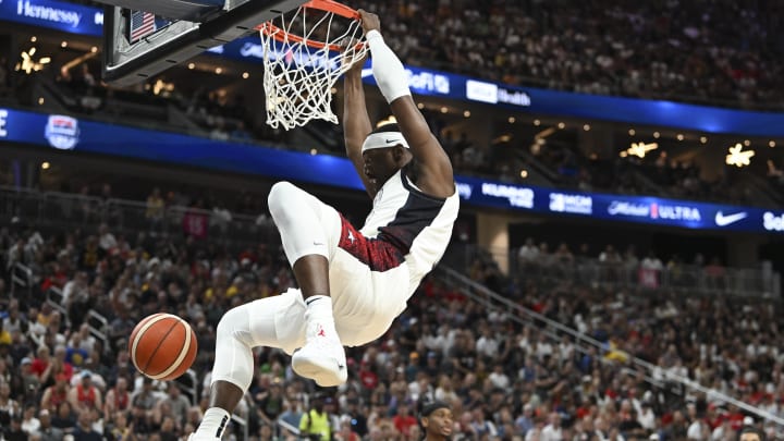 Jul 10, 2024; Las Vegas, Nevada, USA; USA forward Bam Adebayo (13) dunks on Canada in the first quarter of the USA Basketball Showcase at T-Mobile Arena. Mandatory Credit: Candice Ward-USA TODAY Sports