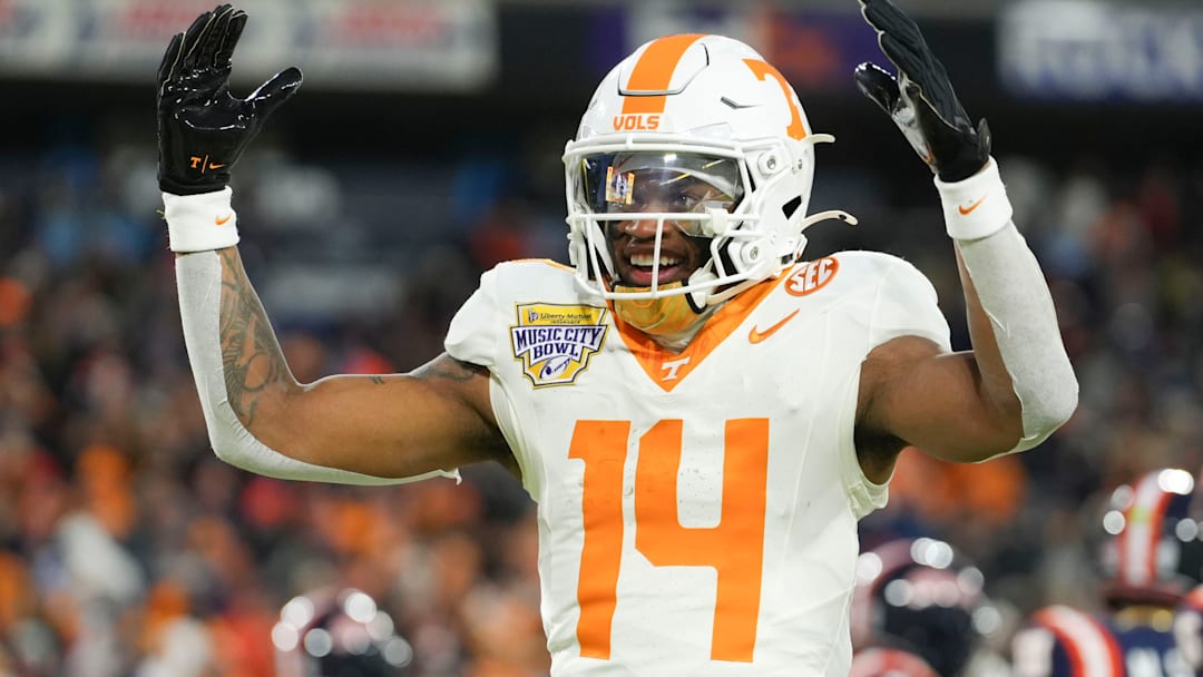 Tennessee wide receiver Braylon Staley (14) celebrating in the first quarter of the Music City Bowl against Illinois in the NCAA football game on Dec. 30, 2025, in Nashville, Tennessee.