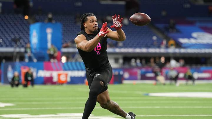 Feb 27, 2026; Indianapolis, IN, USA; Indiana tight end Riley Nowakowski (TE18) during the NFL Scouting Combine at Lucas Oil Stadium. Mandatory Credit: Kirby Lee-Imagn Images