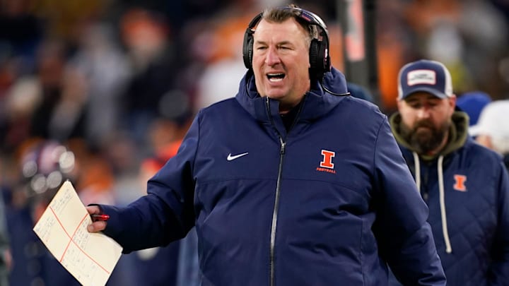 Illinois coach Bret Bielema disputes a call in the first quarter of the Music City Bowl against Tennessee in an NCAA football game on Dec. 30, 2025, in Nashville, Tennessee.