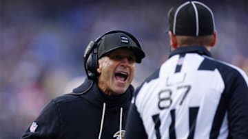 Dec 7, 2025; Baltimore, Maryland, USA; Baltimore Ravens head coach John Harbaugh shouts at line judge Tom Eaton (87) after a call following a play against the Pittsburgh Steelers during the first half at M&T Bank Stadium. Mandatory Credit: Peter Casey-Imagn Images