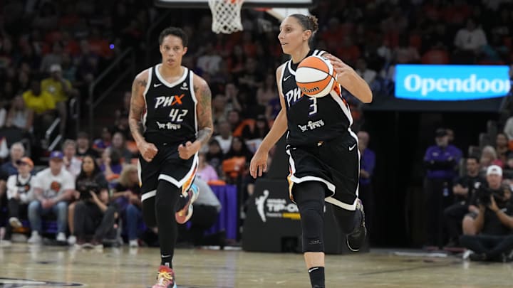 May 21, 2023; Phoenix, Arizona, USA; Phoenix Mercury guard Diana Taurasi (3) and center Brittney Griner (42) run up court against the Chicago Sky in the first half at Footprint Center. Mandatory Credit: Rick Scuteri-Imagn Images
