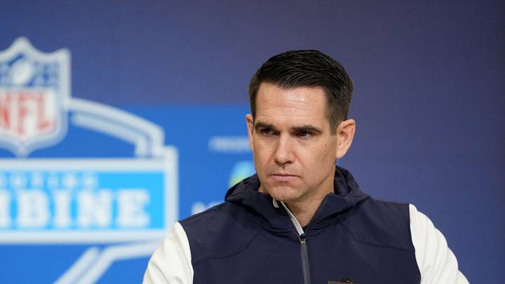 Feb 24, 2026; Indianapolis, IN, USA; New York Giants general manager Joe Schoen speaks at the NFL Scouting Combine at the Indiana Convention Center. Mandatory Credit: Kirby Lee-Imagn Images