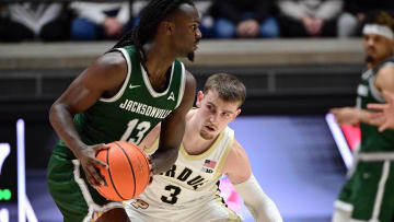 Dec 21, 2023; West Lafayette, Indiana, USA; Purdue Boilermakers guard Braden Smith (3) defends Jacksonville guard Robert McCray V. 