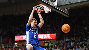 Jan 18, 2025; Chestnut Hill, Massachusetts, USA; Duke Blue Devils guard Cooper Flagg (2) dunks the ball against the Boston College Eagles during the first half at Conte Forum.