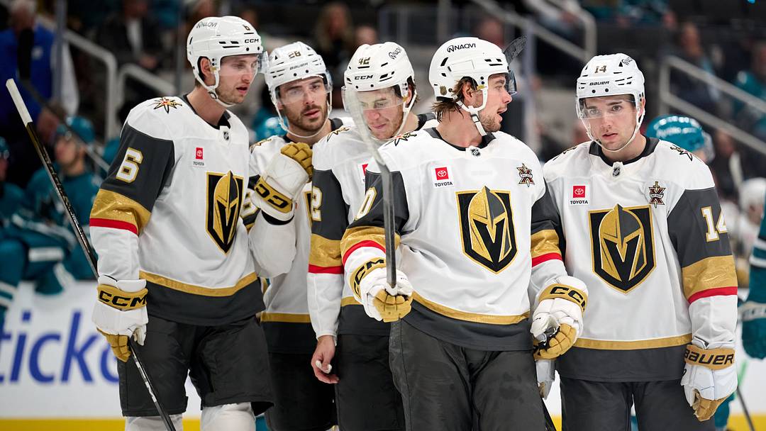 Vegas Golden Knights Colton Sissons (10, center) chats with Kaedan Korczak (6), Tanner Laczynski (28), Braeden Bowman (42) and Ville Heinola (14) during the third period at SAP Center at San Jose. Mandatory Credit: Robert Edwards-Imagn Images Vegas Golden Knights Colton Sissons (10, center) chats with Kaedan Korczak (6), Tanner Laczynski (28), Braeden Bowman (42) and Ville Heinola (14) during the third period at SAP Center at San Jose. Mandatory Credit: Robert Edwards-Imagn Images