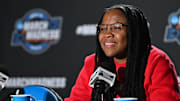 Mar 27, 2025; Spokane, WA, USA; Ole Miss Rebels head coach Yolett McPhee-McCuin talks with media during an NCAA Tournament practice session at Spokane Arena. Mandatory Credit: James Snook-Imagn Images