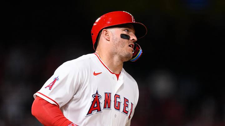 Apr 3, 2026; Anaheim, California, USA; Los Angeles Angels center fielder Mike Trout (27) runs during the sixth inning against the Seattle Mariners at Angel Stadium. Mandatory Credit: William Liang-Imagn Images