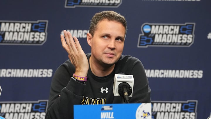 Mar 19, 2025; Providence, RI, USA; McNeese State Cowboys head coach Will Wade answers questions during the first round practice session press conference at Amica Mutual Pavilion.