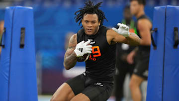 Mar 1, 2025; Indianapolis, IN, USA; North Carolina running back Omarion Hampton (RB09) during the 2025 NFL Combine at Lucas Oil Stadium. 