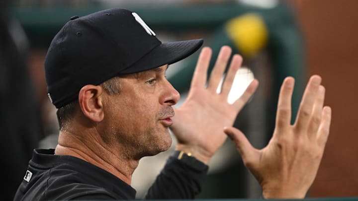 Aug 27, 2024; Washington, District of Columbia, USA; New York Yankees manager Aaron Boone (17) gestures in the dugout against the Washington Nationals during the fourth inning at Nationals Park. Mandatory Credit: Rafael Suanes-Imagn Images