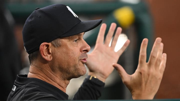 Aug 27, 2024; Washington, District of Columbia, USA; New York Yankees manager Aaron Boone (17) gestures in the dugout against the Washington Nationals during the fourth inning at Nationals Park. Mandatory Credit: Rafael Suanes-USA TODAY Sports