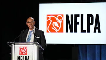 Feb 7, 2024; Las Vegas, NV, USA; NFLPA executive director Lloyd Howell speaks at the NFLPA Press Conference at the Mandalay Bay Convention Center prior to Super Bowl LVIII. Mandatory Credit: Kyle Terada-Imagn Images