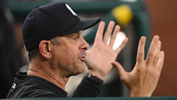 Aug 27, 2024; Washington, District of Columbia, USA; New York Yankees manager Aaron Boone (17) gestures in the dugout against the Washington Nationals during the fourth inning at Nationals Park. Mandatory Credit: Rafael Suanes-Imagn Images