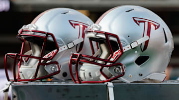 Troy Trojans helmets on the sidelines during the second half against the Appalachian State Mountaineers at Kidd Brewer Stadium on Sept. 17, 2022.