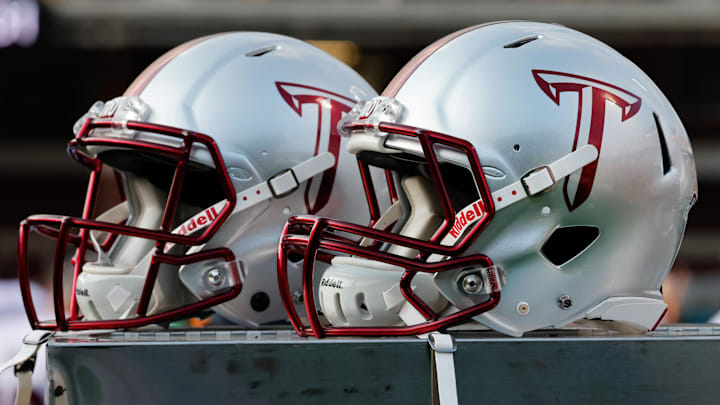Troy Trojans helmets on the sidelines during the second half against the Appalachian State Mountaineers at Kidd Brewer Stadium on Sept. 17, 2022.