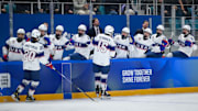 Jan 29, 2024; Gangwon-do, KOR; Luke Schairer (USA) celebrates with his team mates after scoring in the Ice Hockey Men s 6-on-6 Tournament Preliminary Round between Czech Republic and United States of America at the Gangneung Hockey Centre. The Winter Youth Olympic Games, Gangwon, South Korea, Monday 29 January 2024. Mandatory Credit: OIS/Joel Marklund-(USA) TODAY Sports