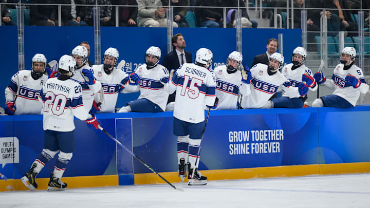 Jan 29, 2024; Gangwon-do, KOR; Luke Schairer (USA) celebrates with his team mates after scoring in the Ice Hockey Men s 6-on-6 Tournament Preliminary Round between Czech Republic and United States of America at the Gangneung Hockey Centre. The Winter Youth Olympic Games, Gangwon, South Korea, Monday 29 January 2024. Mandatory Credit: OIS/Joel Marklund-(USA) TODAY Sports