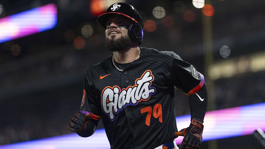 May 5, 2026; San Francisco, California, USA; San Francisco Giants catcher Jesus Rodriguez (79) looks on during the seventh inning against the San Diego Padres at Oracle Park. Mandatory Credit: Stan Szeto-Imagn Images