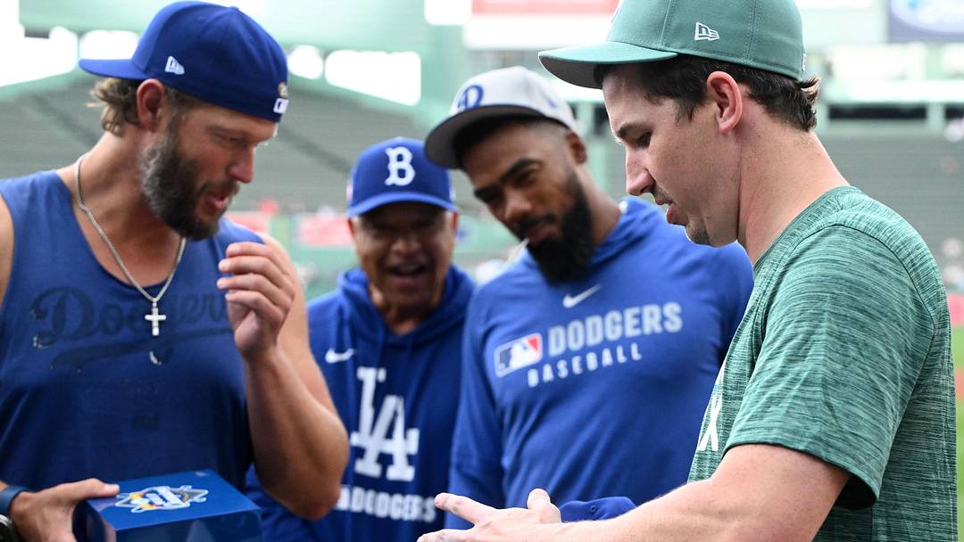 Boston Red Sox starting pitcher Walker Buehler (0) receives his 2024 Los Angeles Dodgers World Series ring before a game at Fenway Park on July 25, 2025
