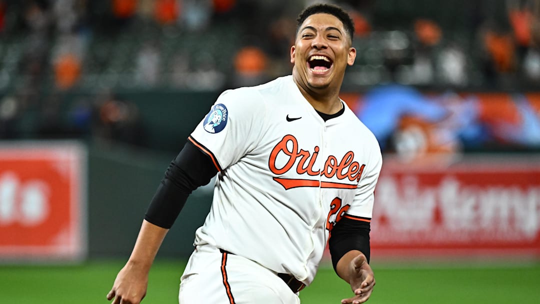 Sep 9, 2025; Baltimore, Maryland, USA;  Baltimore Orioles catcher Samuel Basallo (29) celebrates hitting a walk off rbi single during the tenth inning against the Pittsburgh Pirates at Oriole Park at Camden Yards. Mandatory Credit: James A. Pittman-Imagn Images