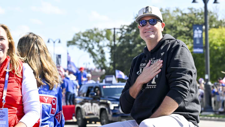 Nov 3, 2023; Arlington, TX, USA; Texas Rangers genera manager Chris Young smiles to the fans during the World Series championship parade at Globe Life Field. Mandatory Credit: Jerome Miron-USA TODAY Sports