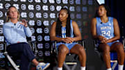 North Carolina head coach Courtney Banghart with players Reniya Kelly and Indya Nivar at the ACC Tipoff on Monday, Oct. 6, 2025.