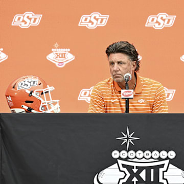 Jul 9, 2024; Las Vegas, NV, USA; Oklahoma State Cowboys head coach Mike Gundy speaks to the media during the Big 12 Media Days at Allegiant Stadium. Mandatory Credit: Candice Ward-Imagn Images