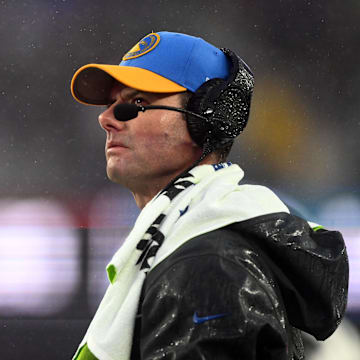 Dec 3, 2023; Foxborough, Massachusetts, USA; Los Angeles Chargers head coach Brandon Staley watches a play against the New England Patriots during the second half at Gillette Stadium. Mandatory Credit: Brian Fluharty-Imagn Images