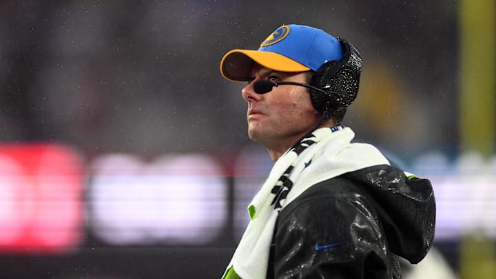 Dec 3, 2023; Foxborough, Massachusetts, USA; Los Angeles Chargers head coach Brandon Staley watches a play against the New England Patriots during the second half at Gillette Stadium. Mandatory Credit: Brian Fluharty-Imagn Images