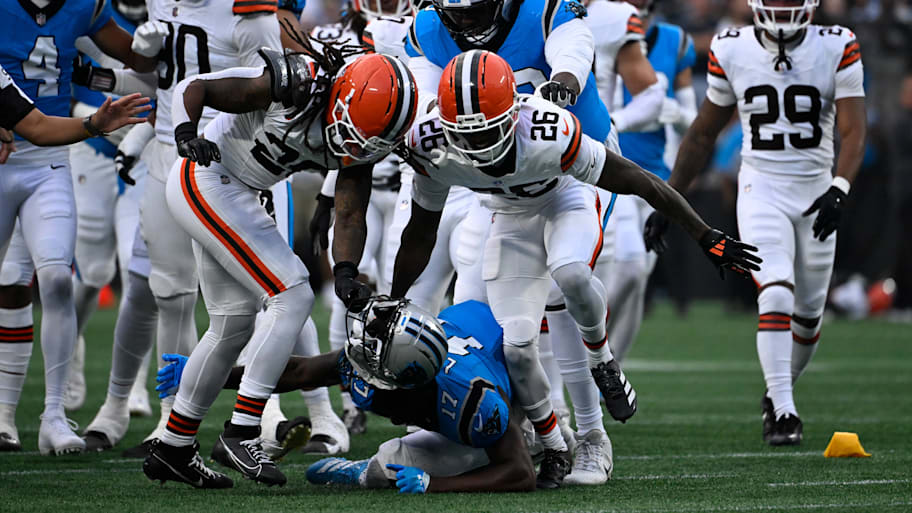 Browns safety Rayshawn Jenkins and Panthers wide receiver Xavier Legette were involved in an on-field scuffle, resulting in their ejections. | Bob Donnan-Imagn Images