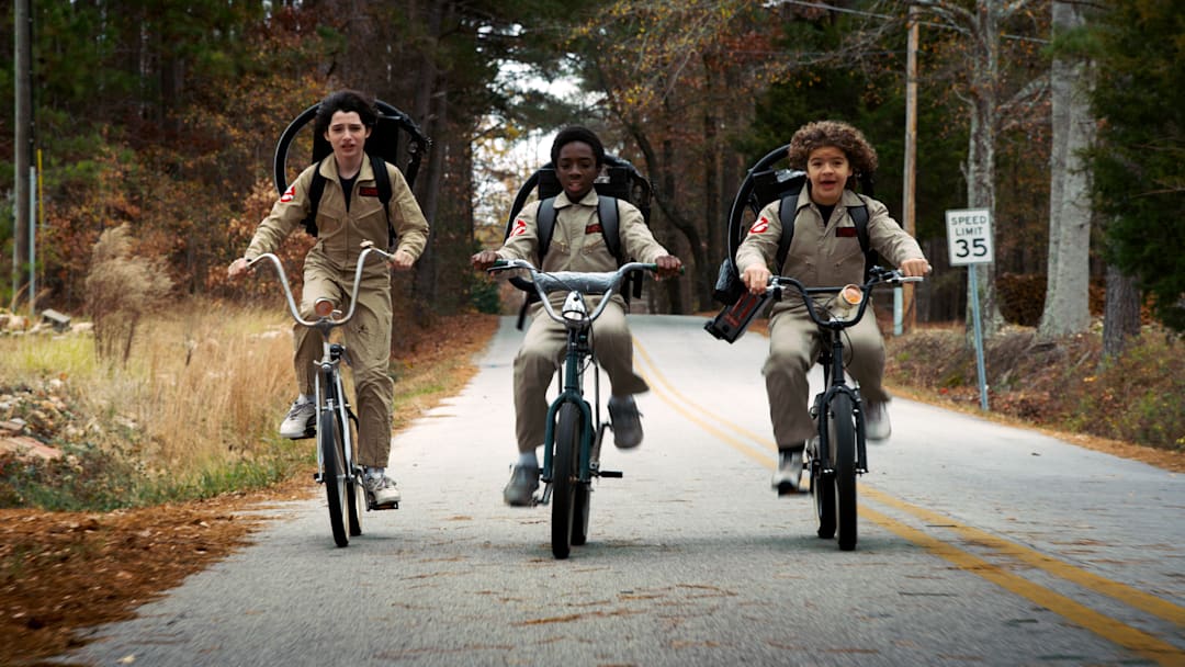 Finn Wolfhard, Caleb McLaughlin, and Gaten Matarazzo in Stranger Things on Netflix