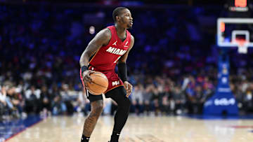 Feb 5, 2025; Philadelphia, Pennsylvania, USA; Miami Heat guard Terry Rozier III (2) controls the ball against the Philadelphia 76ers in the second quarter at Wells Fargo Center. Mandatory Credit: Kyle Ross-Imagn Images