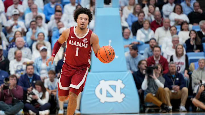 Dec 4, 2024; Chapel Hill, North Carolina, USA;  Alabama Crimson Tide guard Mark Sears (1) brings the ball up the court in the first half at Dean E. Smith Center. Mandatory Credit: Bob Donnan-Imagn Images
