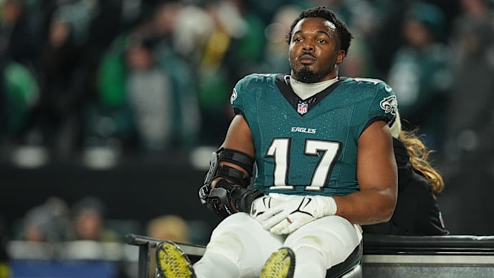 Former Bulldog Nakobe Dean, carted off with injury during Philadelphia Eagles game.