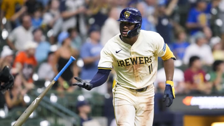 Milwaukee Brewers left fielder Jackson Chourio (11) tosses his bat after hitting a home run during the third inning against the San Francisco Giants at American Family Field on Aug 27.