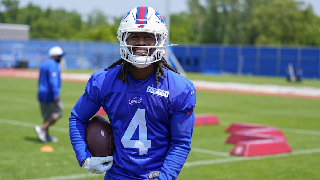 Jun 11, 2025; Orchard Park, NY, USA; Buffalo Bills running back James Cook (4) during Minicamp at Highmark Stadium. Mandatory Credit: Gregory Fisher-Imagn Images