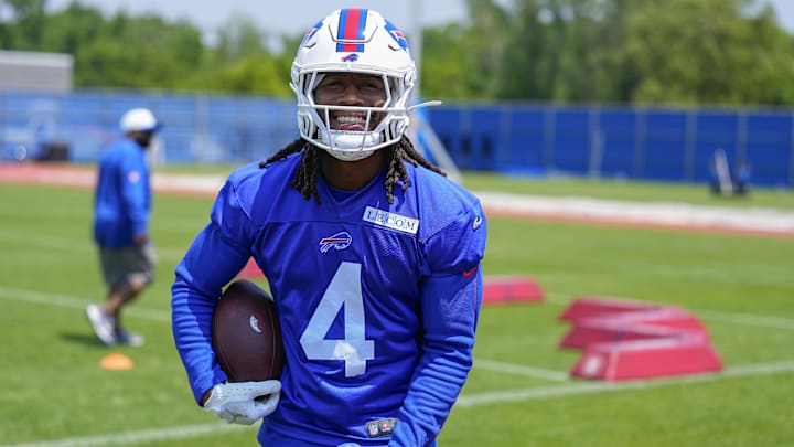 Jun 11, 2025; Orchard Park, NY, USA; Buffalo Bills running back James Cook (4) during Minicamp at Highmark Stadium. Mandatory Credit: Gregory Fisher-Imagn Images
