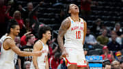 Mar 21, 2025; Seattle, WA, USA; Maryland Terrapins forward Julian Reese (10) celebrates after defeating Grand Canyon Antelopes at Climate Pledge Arena. Mandatory Credit: Stephen Brashear-Imagn Images