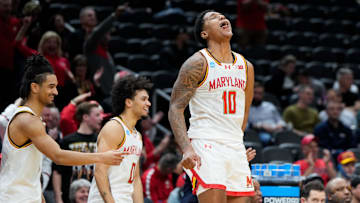 Mar 21, 2025; Seattle, WA, USA; Maryland Terrapins forward Julian Reese (10) celebrates after defeating Grand Canyon Antelopes at Climate Pledge Arena. Mandatory Credit: Stephen Brashear-Imagn Images