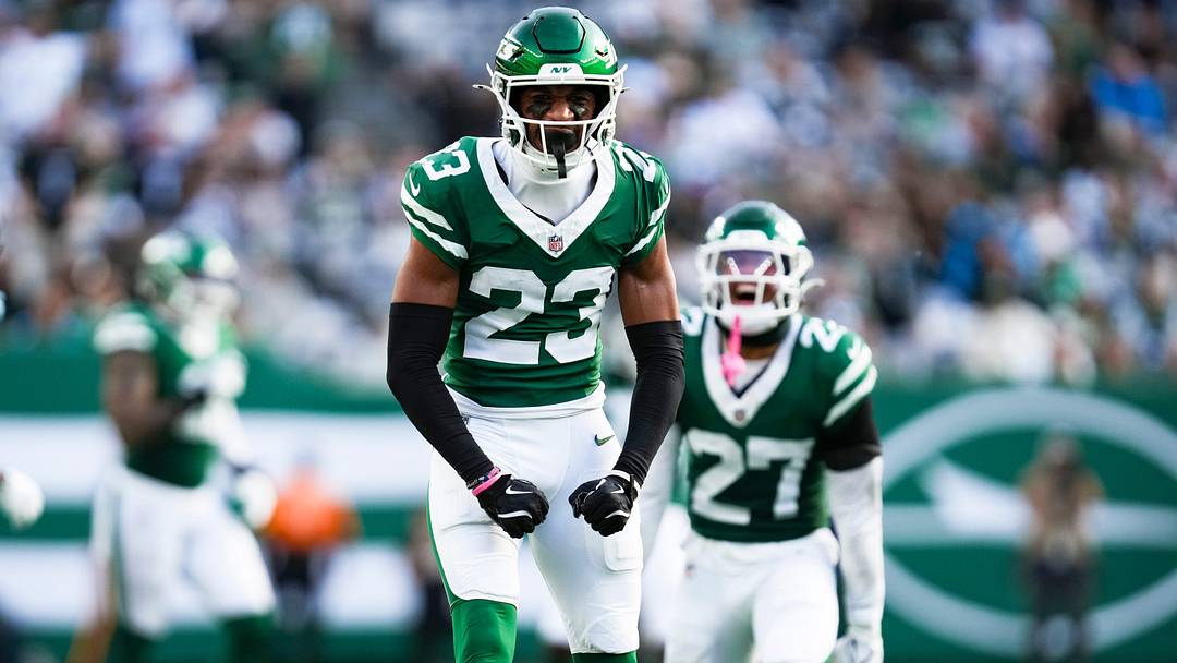 New York Jets cornerback Azareye'h Thomas (23) celebrates during a game against the Carolina Panthers at MetLife Stadium, Oct 19, 2025, East Rutherford, NJ, USA. New York Jets cornerback Azareye'h Thomas (23) celebrates during a game against the Carolina Panthers at MetLife Stadium, Oct 19, 2025, East Rutherford, NJ, USA.