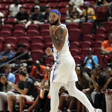 Jul 10, 2025; Las Vegas, NV, USA; Philadelphia 76ers forward Johni Broome (22) celebrates scoring against the San Antonio Spurs in the second quarter of their game at Thomas & Mack Center. Mandatory Credit: Candice Ward-Imagn Images