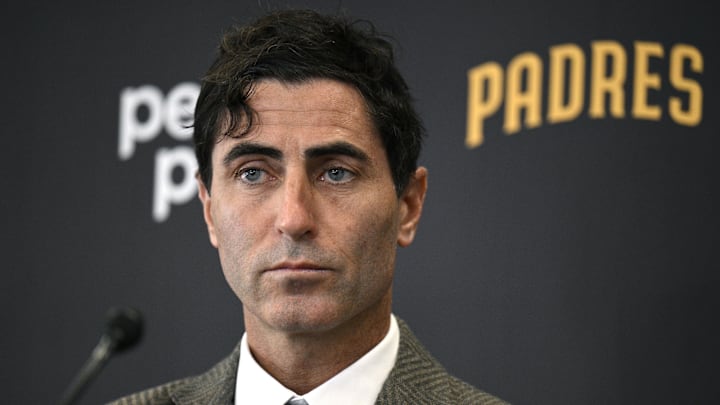 Nov 21, 2023; San Diego, CA, USA; San Diego Padres president of baseball operations and general manager A.J. Preller speaks to the media during a press conference announcing the hiring of manager Mike Shildt (not pictured) at Petco Park. Mandatory Credit: Orlando Ramirez-Imagn Images