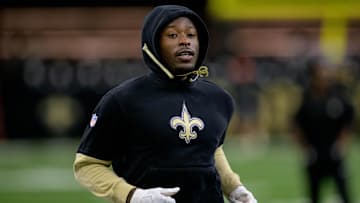 Oct 17, 2024; New Orleans, Louisiana, USA; New Orleans Saints running back Alvin Kamara (41) warms up before a game against the Denver Broncos at Caesars Superdome. Mandatory Credit: Matthew Hinton-Imagn Images