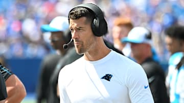 Aug 24, 2024; Orchard Park, New York, USA; Carolina Panthers head coach Dave Canales watches a play against the Buffalo Bills in the third quarter pre-season game at Highmark Stadium.