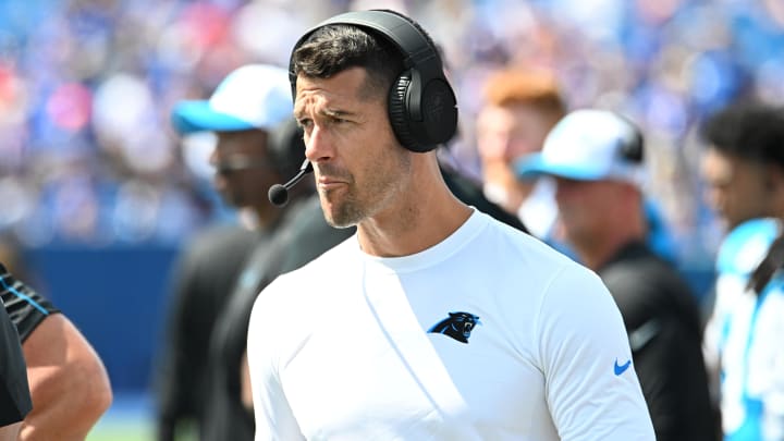 Aug 24, 2024; Orchard Park, New York, USA; Carolina Panthers head coach Dave Canales watches a play against the Buffalo Bills in the third quarter pre-season game at Highmark Stadium. 