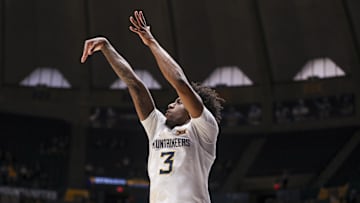 Nov 30, 2025; Morgantown, West Virginia, USA; West Virginia Mountaineers guard Honor Huff (3) shoots during the second half against the Mercyhurst Lakers at Hope Coliseum. Mandatory Credit: Ben Queen-Imagn Images