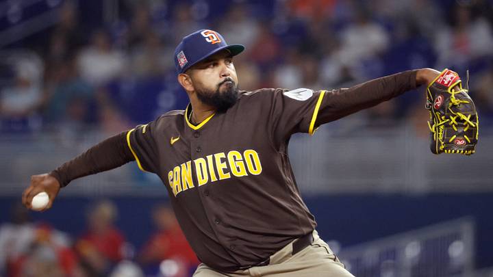 Jul 24, 2026; Miami, Florida, USA;  San Diego Padres starting pitcher German Marquez (33) throws against the Miami Marlins during the first inning at loanDepot Park. Mandatory Credit: Rhona Wise-Imagn Images