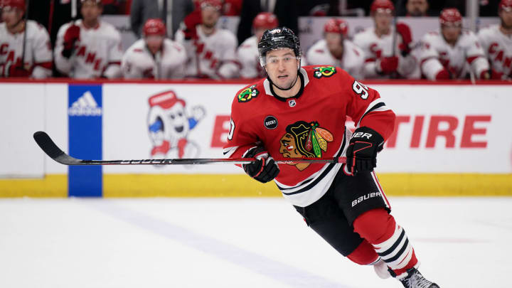 Apr 14, 2024; Chicago, Illinois, USA;  Chicago Blackhawks forward Tyler Johnson (90) skates against the Carolina Hurricanes at United Center. Mandatory Credit: Jamie Sabau-USA TODAY Sports