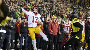 Nov 11, 2023; Eugene, Oregon, USC Trojans quarterback Caleb Williams (13) throws a pass during the